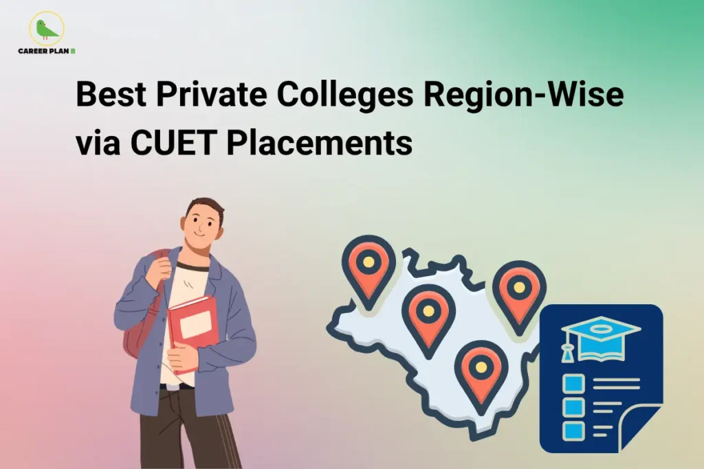 The Career Plan B logo is displayed in the top-left corner. The headline reads "Best Private Colleges Region-Wise via CUET Placements" in large, bold black text on a soft pastel gradient background. On the left, a smiling student wearing a backpack holds books, representing students exploring higher education opportunities. On the right, an illustrated map marked with multiple location pins symbolizes region-wise college selection, while a document featuring a graduation cap icon represents college placement information and admission details. The clean, modern design visually represents a guide comparing the best private colleges across different regions based on CUET admissions and placement opportunities, helping students make informed college choices.