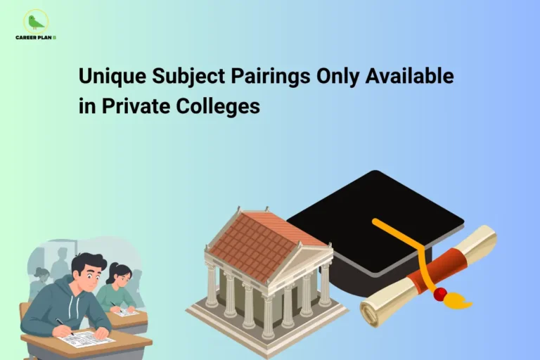 The Career Plan B logo is displayed in the top-left corner. The headline reads "Unique Subject Pairings Only Available in Private Colleges" in large, bold black text on a light green-to-blue gradient background. At the bottom left, students are shown writing an examination, representing academic admissions and subject selection. In the center, an illustration of a classical university building symbolizes private higher education institutions. On the right, a graduation cap placed on a diploma scroll represents successful degree completion and specialized academic programs. The clean, modern design visually represents a guide exploring unique interdisciplinary subject combinations offered exclusively by private colleges, helping students discover flexible and innovative academic pathways.