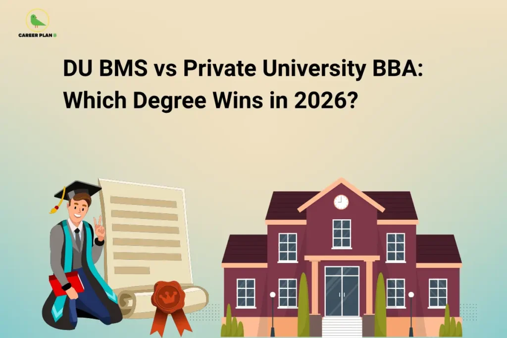 The Career Plan B logo appears in the top-left corner. The headline reads "DU BMS vs Private University BBA: Which Degree Wins in 2026?" in large bold black text against a soft beige-to-light-green gradient background. On the left, a graduate wearing a cap and gown kneels while holding a book and making a victory sign beside a rolled diploma with a seal, representing academic achievement and graduation. On the right, a large university building symbolizes higher education institutions and campus life. The visual highlights a comparison between Delhi University's BMS program and private university BBA degrees, focusing on factors such as academic value, career opportunities, placements, and overall return on investment for students in 2026.