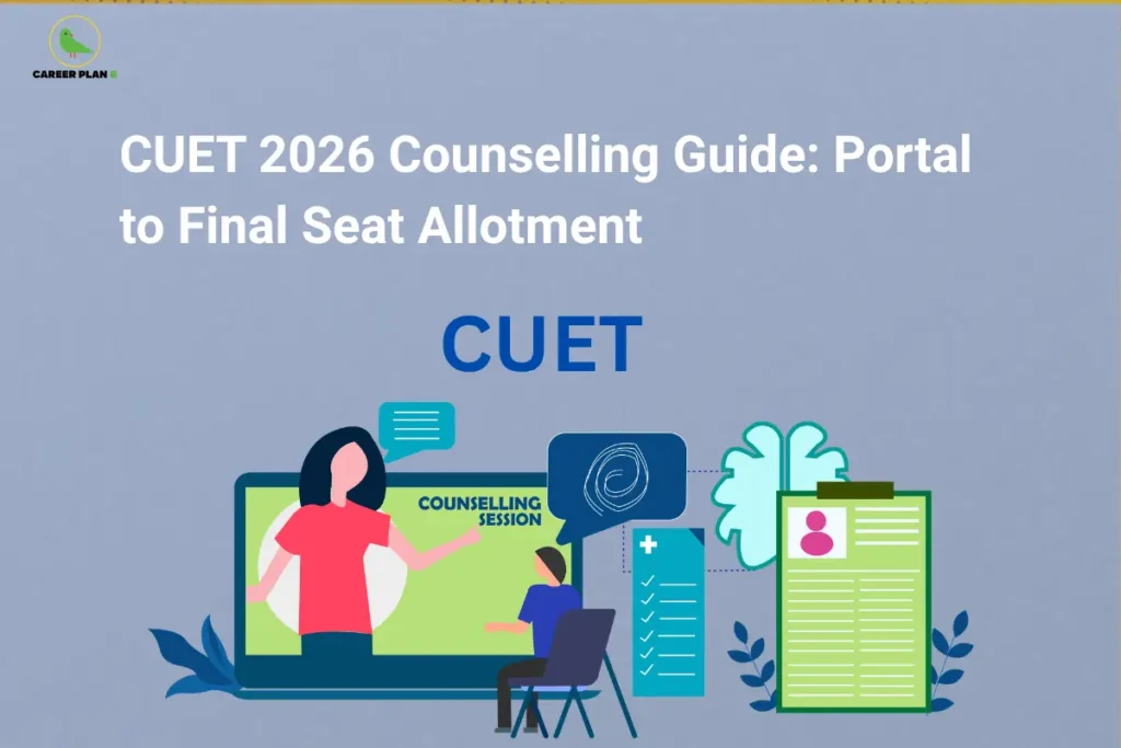 Banner titled "CUET 2026 Counselling Guide: Portal to Final Seat Allotment" on a light blue background, featuring illustrations of an online counselling session, student profile documents, and CUET branding, along with the Career Plan B logo. Designed to explain the CUET counselling process from registration to final seat allotment.