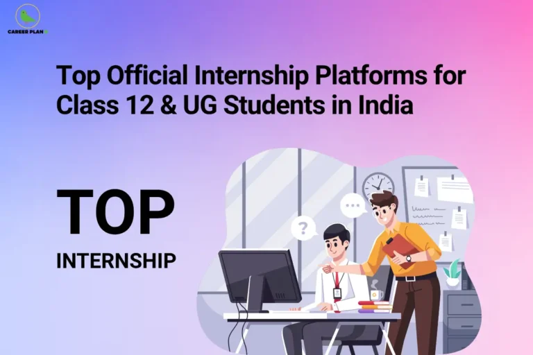 The Career Plan B logo, featuring a green bird inside a yellow circle with the brand name below it, appears in the top-left corner. The image is titled "Top Official Internship Platforms for Class 12 & UG Students in India" and shows a mentor guiding a student at a computer, representing trusted internship opportunities and career guidance for students.