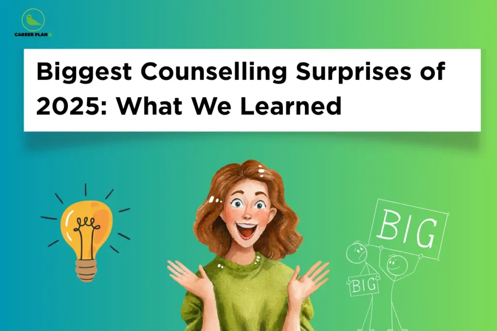 Banner by Career Plan B featuring its logo, titled "Biggest Counselling Surprises of 2025: What We Learned," with a surprised student, a glowing light bulb, and illustrations highlighting major revelations and unexpected trends from the 2025 counselling season that can help students prepare better for admissions in 2026.