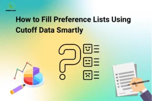 Banner by Career Plan B featuring its logo, titled "How to Fill Preference Lists Using Cutoff Data Smartly," with cutoff analysis charts, preference-ranking icons, and a checklist, representing the strategic use of previous cutoff trends to create an effective college preference list during counselling and admissions.