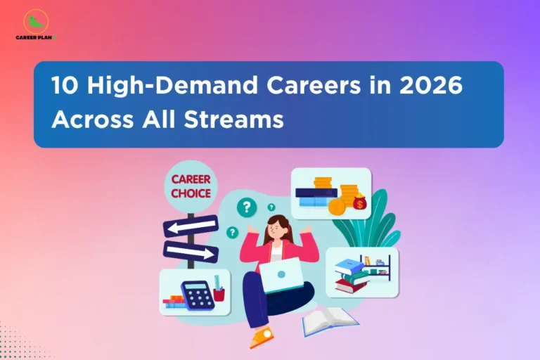 The Career Plan B logo, featuring a green bird inside a yellow circle with the brand name below it, appears in the top-left corner. The image is titled "10 High-Demand Careers in 2026 Across All Streams" and shows a student with a laptop surrounded by career, education, and finance icons, representing career planning and future opportunities across different fields.