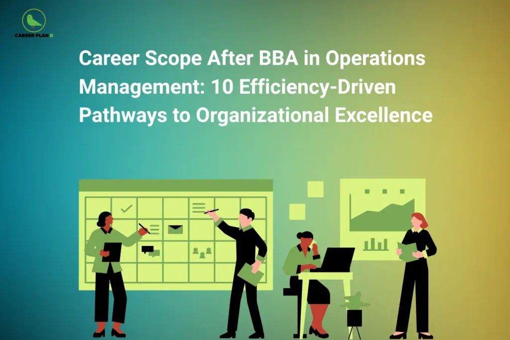 Career Plan B logo displayed in the top-left corner of an educational banner titled "Career Scope After BBA in Operations Management: 10 Efficiency-Driven Pathways to Organizational Excellence." The graphic features professionals collaborating on workflow planning, project scheduling, and performance analysis using task boards, dashboards, and business metrics. The design highlights career opportunities after a BBA in Operations Management, including supply chain management, logistics, process optimization, project management, quality assurance, production planning, and operational leadership roles focused on improving organizational efficiency and performance.