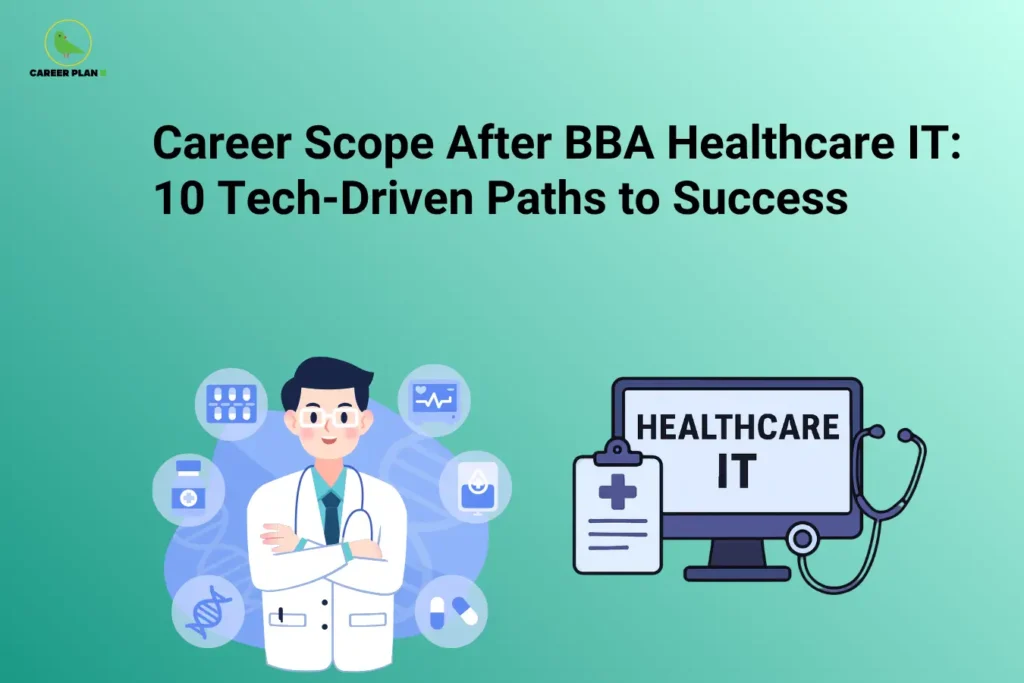 Career Plan B logo appears in the top-left corner of an educational banner titled "Career Scope After BBA Healthcare IT: 10 Tech-Driven Paths to Success." The visual features a healthcare professional surrounded by medical technology icons such as health monitoring systems, pharmaceuticals, genetic research, digital healthcare records, and diagnostic tools. On the right, a computer monitor labeled "Healthcare IT" is connected to a stethoscope and medical documentation, symbolizing the integration of healthcare and information technology. The design highlights career opportunities after a BBA in Healthcare IT, including healthcare IT manager, health information analyst, healthcare systems consultant, electronic health records specialist, healthcare project manager, medical technology coordinator, healthcare operations manager, digital health strategist, healthcare data analyst, and healthcare software implementation specialist. The graphic emphasizes technology-driven healthcare management, digital transformation, data management, and innovation in the healthcare industry.