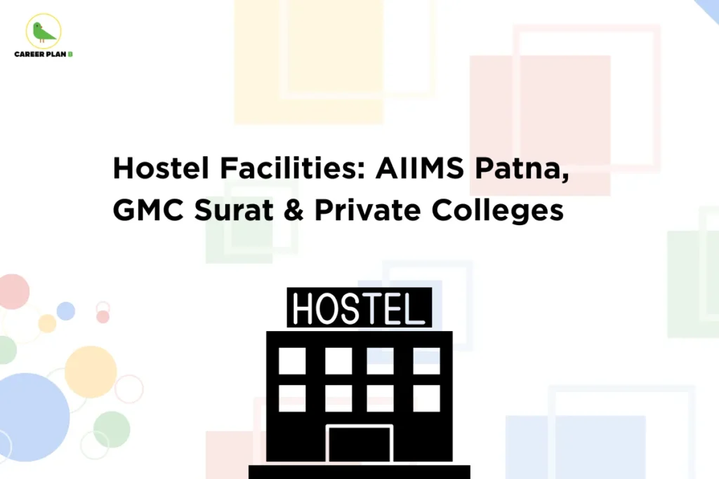 this image contains a medical education comparison banner with the heading “Hostel Facilities: AIIMS Patna, GMC Surat & Private Colleges,” Career Plan B logo at top left, a light background with geometric shapes and circular design elements, and a black hostel building icon labeled “HOSTEL” at the bottom center, representing a comparison of student accommodation, hostel infrastructure, campus living conditions, and residential facilities across AIIMS Patna, GMC Surat, and private medical colleges.