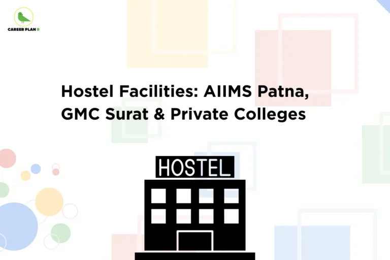 this image contains a medical education comparison banner with the heading “Hostel Facilities: AIIMS Patna, GMC Surat & Private Colleges,” Career Plan B logo at top left, a light background with geometric shapes and circular design elements, and a black hostel building icon labeled “HOSTEL” at the bottom center, representing a comparison of student accommodation, hostel infrastructure, campus living conditions, and residential facilities across AIIMS Patna, GMC Surat, and private medical colleges.