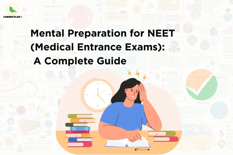 this image contains a medical education guidance banner with the heading “Mental Preparation for NEET (Medical Entrance Exams): A Complete Guide,” Career Plan B logo at top left, a faded healthcare infographic background, and an illustration of a stressed student studying at a desk with open books, stacked textbooks, and a wall clock behind them, alongside a faint National Testing Agency checkmark symbol, representing exam stress management, mental preparation, focus, and NEET success strategies for medical aspirants.