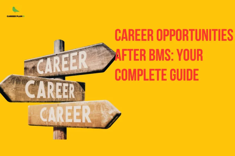 this image contains a bright yellow career guidance banner with the heading “CAREER OPPORTUNITIES AFTER BMS: YOUR COMPLETE GUIDE” in bold red text, Career Plan B logo at the top left, and a wooden signpost with three directional boards labeled “CAREER,” symbolizing career paths, job opportunities, professional growth, and future prospects for Bachelor of Management Studies (BMS) graduates.