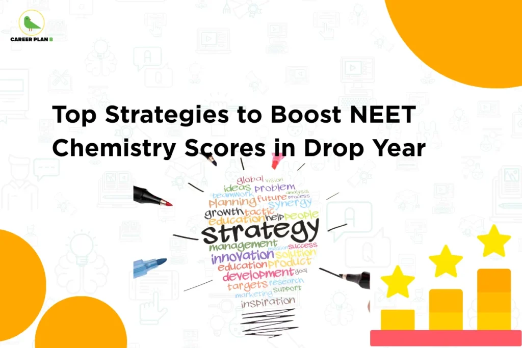 this image contains a NEET preparation banner with the heading “Top Strategies to Boost NEET Chemistry Scores in Drop Year,” Career Plan B logo at top left, a light background filled with education-themed icons, a central word-cloud lightbulb featuring terms such as “strategy,” “planning,” “innovation,” “growth,” and “education,” surrounded by marker pens, and a rising bar chart with star icons at the bottom right, representing effective study strategies, chemistry score improvement, academic growth, and exam success for NEET drop-year students.
