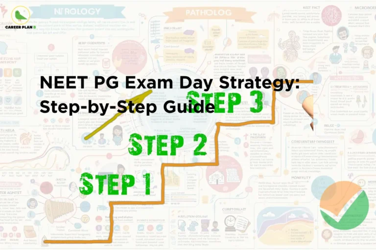this image contains a medical education guidance banner with the heading “NEET PG Exam Day Strategy: Step-by-Step Guide,” Career Plan B logo at top left, a detailed healthcare infographic background, and a staircase-style roadmap labeled “STEP 1,” “STEP 2,” and “STEP 3” leading upward, alongside a faint National Testing Agency checkmark symbol at the bottom right, representing a structured exam-day plan, preparation strategy, time management, and performance optimization for NEET PG candidates.