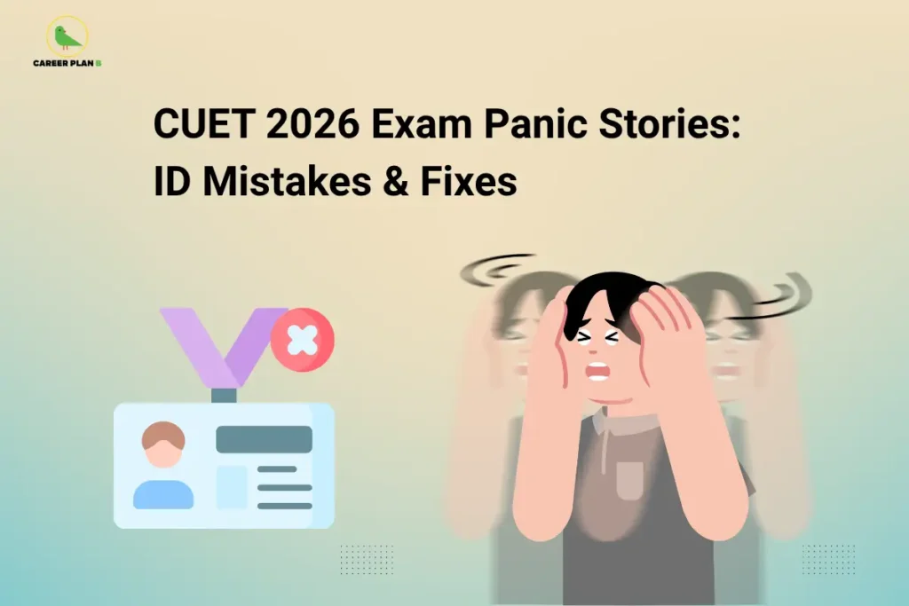 The Career Plan B logo, featuring a green bird inside a yellow circle with the brand name below it, appears in the top-left corner. The image is titled "CUET 2026 Exam Panic Stories: ID Mistakes & Fixes" and features an illustration of an ID card marked with an error symbol alongside a stressed student holding their head, symbolizing common identification-related mistakes, exam-day panic, and practical solutions for CUET 2026 candidates.