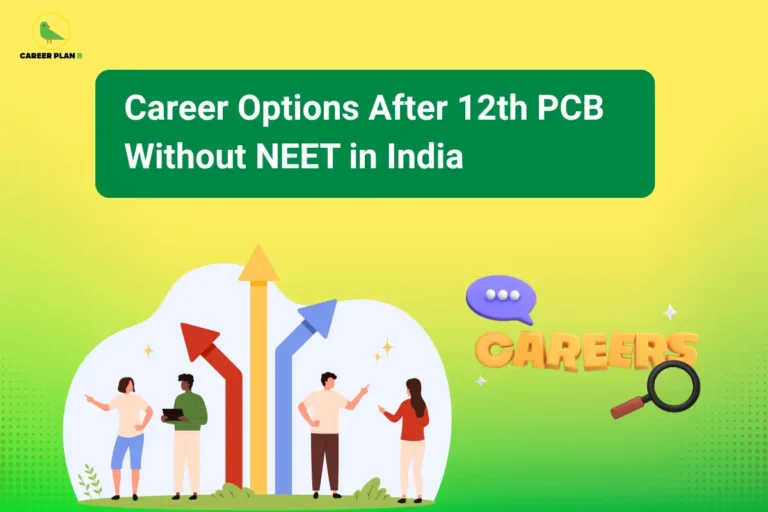 The Career Plan B logo, featuring a green bird inside a yellow circle with the brand name below it, is displayed in the top-left corner. The image headline reads "Career Options After 12th PCB Without NEET in India" inside a dark green rounded rectangle. Below the title, two groups of students stand beside large upward-pointing arrows in red, yellow, and blue, symbolizing multiple career pathways and growth opportunities. On the right, the word "CAREERS" appears in large 3D letters with a speech bubble above it and a magnifying glass placed beside it, representing career exploration and guidance. The bright yellow and green background reinforces the theme of discovering diverse career options available to PCB students who choose alternatives to NEET.