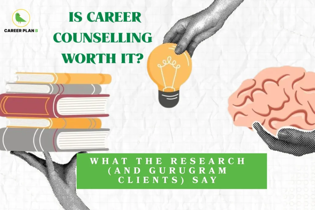 Career Plan B infographic titled "IS CAREER COUNSELLING WORTH IT?" featuring illustrations of hands holding a stack of books, a glowing lightbulb, and a human brain model, with a lower green banner reading "WHAT THE RESEARCH (AND GURUGRAM CLIENTS) SAY" on a crinkled white paper background.
