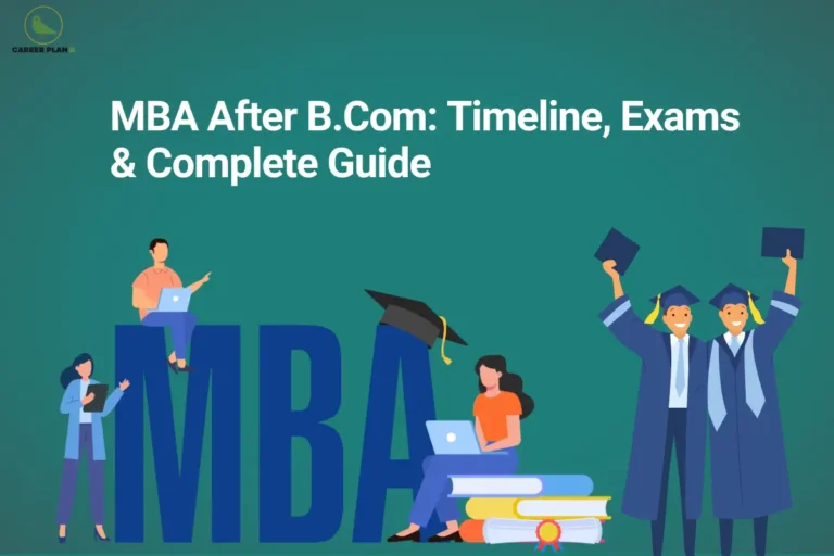 The Career Plan B logo, featuring a green bird inside a yellow circle with the brand name below it, is displayed in the top-left corner. The image headline reads "MBA After B.Com: Timeline, Exams & Complete Guide" in large bold white text against a teal background. At the bottom left, large blue letters spelling "MBA" serve as the centerpiece, with students using laptops and studying around them. A graduation cap rests on the letters, symbolizing higher education and management studies. On the right, two graduates in academic gowns and caps celebrate by raising their graduation caps in the air, representing successful completion of an MBA and career advancement. The overall design emphasizes the journey from a B.Com degree to pursuing an MBA, including entrance exams, preparation, and future career opportunities.