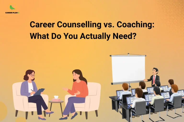 The Career Plan B logo, featuring a green bird inside a yellow circle with the brand name beneath it, appears in the top-left corner. The image headline reads "Career Counselling vs. Coaching: What Do You Actually Need?" in large, bold black text against a warm orange gradient background. On the left, an illustration depicts a one-on-one career counselling session where a counsellor sits with a student, taking notes as the student shares concerns, symbolizing personalized career guidance and decision-making. On the right, a classroom scene shows an instructor teaching a group of students seated at computers, representing coaching focused on structured learning and exam preparation. The side-by-side visuals emphasize the difference between individualized career counselling and classroom-based coaching, helping students understand which option best suits their educational and career goals.
