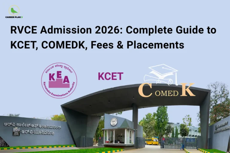 An infographic titled "RVCE Admission 2026 : Complete Guide to KCET, COMEDK, Fees & Placements" with the Career Plan B logo. The graphic features the KEA logo, a graduation cap icon, and text for "KCET" and "COMEDK" positioned above a photograph of the modern main entrance gate of RV College of Engineering.