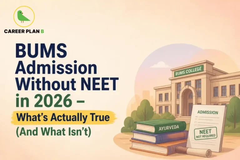 Banner graphic titled BUMS admission without NEET in 2026 clarifying myths and facts, with a BUMS college building illustration.