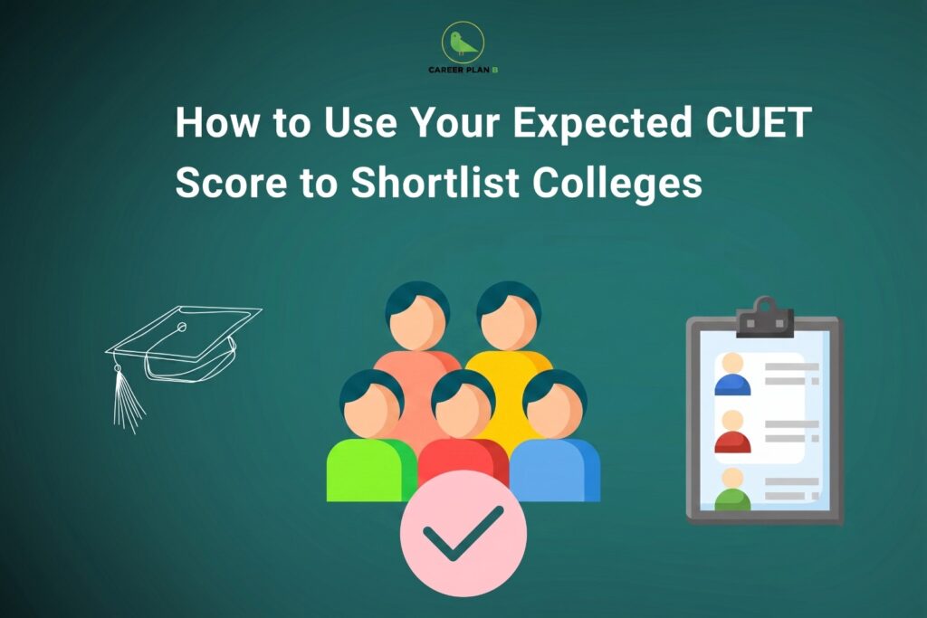 The Career Plan B logo, featuring a green bird inside a yellow circle, is positioned at the top center against a dark teal gradient background. The image headline reads "How to Use Your Expected CUET Score to Shortlist Colleges" in large, bold white text. Beneath the title, a group of five stylized student icons is displayed with a prominent checkmark, symbolizing successful college selection based on eligibility. On the left is a simple outline of a graduation cap, representing higher education, while on the right is a clipboard containing a list of student profiles, symbolizing the college shortlisting and admission process. The overall design conveys an educational guide that helps CUET aspirants use their expected exam scores to identify and shortlist suitable colleges for admission.