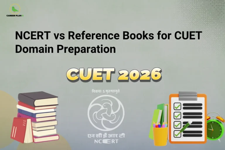 An infographic titled "NCERT vs Reference Books for CUET Domain Preparation" weighing the choices between ncert vs reference books cuet preparation, featuring a tall stack of books on the left, the official grey NCERT logo in the bottom center, and a preparation checklist next to a green alarm clock on the right, set against a light grey textured background.