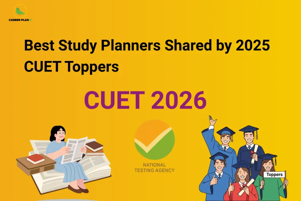 An infographic titled "Best Study Planners Shared by 2025 CUET Toppers" outlining an effective cuet study planner framework, featuring a student reading an open newspaper over a gigantic open book on the left, the official National Testing Agency checkmark logo in the bottom center, and a group of happy graduates in blue and green gowns holding up diplomas on the right, set against a solid golden yellow background with the text "CUET 2026" prominently in the middle.