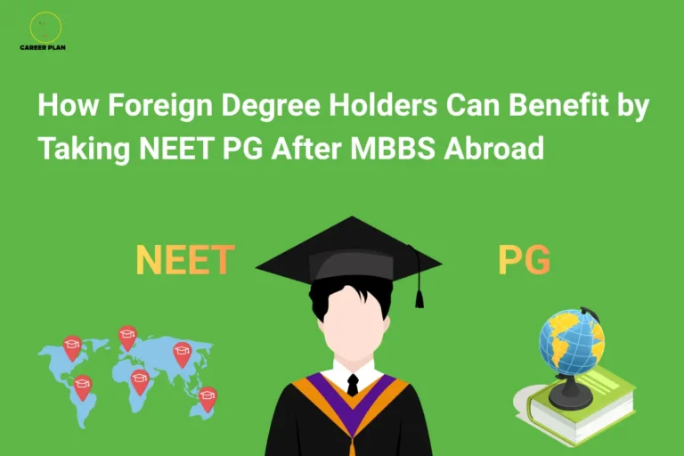 An educational graphic on a green background titled "How Foreign Degree Holders Can Benefit by Taking NEET PG After MBBS Abroad." The illustration features a graduate student in a cap and gown flanked by a world map with location pins and a globe resting on a book, with the Career Plan B logo visible in the upper left corner.
