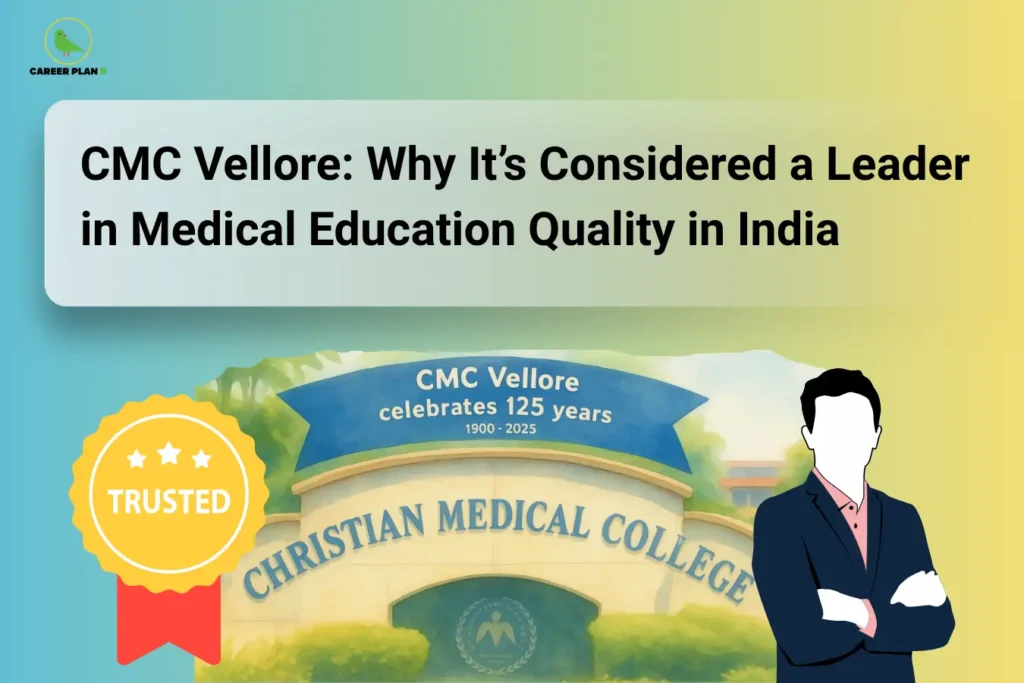 Infographic explaining why CMC Vellore is considered a leader in medical education quality in India, featuring the CMC campus, trusted recognition, and excellence in academics and clinical training – Career Plan B