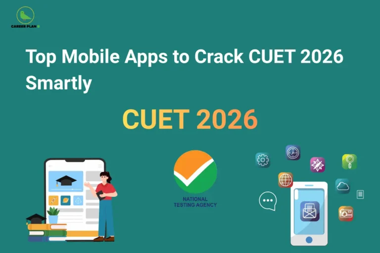 Featured image displaying the title "Top Mobile Apps to Crack CUET 2026 Smartly" with illustrations of educational mobile applications, a smartphone, digital learning icons, and the National Testing Agency (NTA) logo. The image represents the best CUET 2026 preparation apps, online study resources, mock tests, practice questions, video lectures, quizzes, and digital learning tools for undergraduate entrance exam aspirants.
