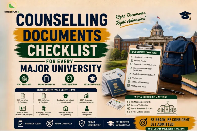 Counselling documents checklist for university admissions showing CUET scorecard, academic certificates, identity proof, category certificates, domicile certificate, photographs, and admission verification documents.
