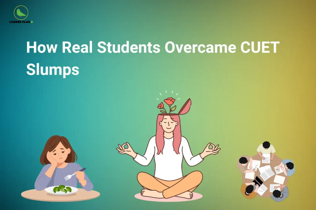 CUET Exam Slump – How Real Students Overcame CUET Slumps featuring a stressed student at a table, a student practicing meditation for stress relief, and a group of students studying together, illustrating strategies to overcome exam burnout and improve CUET preparation.
