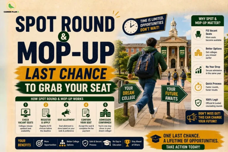 Student walking toward a university campus with a CUET Spot Round and Mop-Up Round guide showing vacant seats, registration, seat allotment, admission steps, and last chance for college admission.