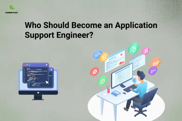 Application Support Engineer illustration showing coding screens, programming language icons, desk setup, and Career Plan B logo.