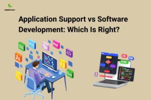 Application Support vs Software Development comparison with coding icons, developer desk, and Career Plan B logo.