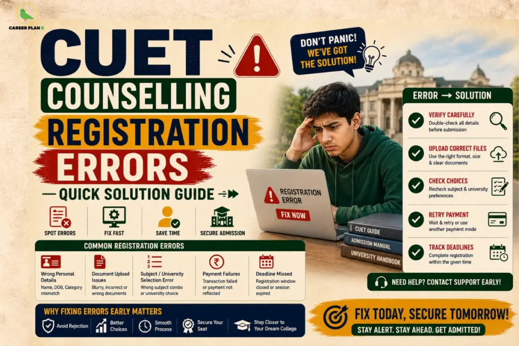 Student facing CUET Counselling Registration Errors while completing the admission form, with solutions for OTP, document upload, payment, login, and registration issues.