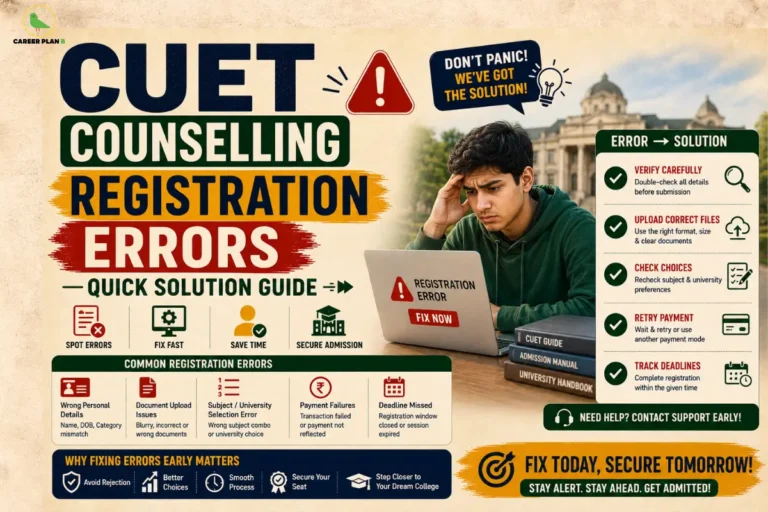 Student facing CUET Counselling Registration Errors while completing the admission form, with solutions for OTP, document upload, payment, login, and registration issues.