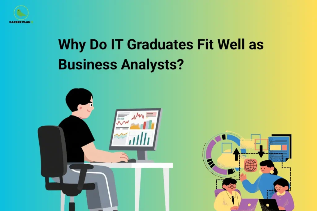 Illustration of an IT professional working on data analytics and collaborating with a business team.