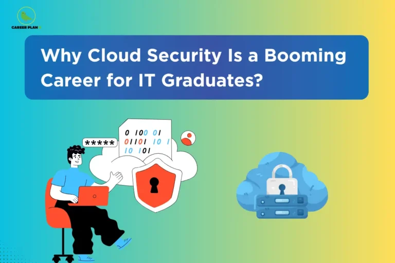 Illustration of cloud security icons and laptop user with Career Plan B logo, Cloud Security Career banner.
