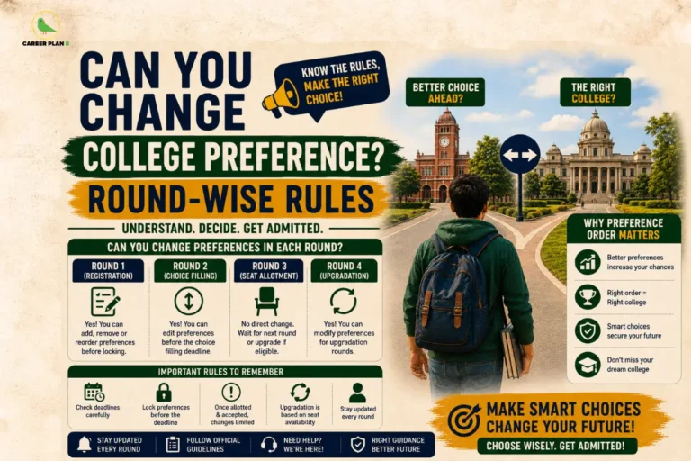 CUET College Preference Change infographic titled "Can You Change College Preference? Round-Wise Rules" showing a student choosing between colleges, counselling rounds, Freeze, Upgrade, and preference order guide.