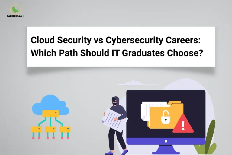 Illustration comparing cloud security career paths with a hacker stealing files, warning icon, and Career Plan B logo.