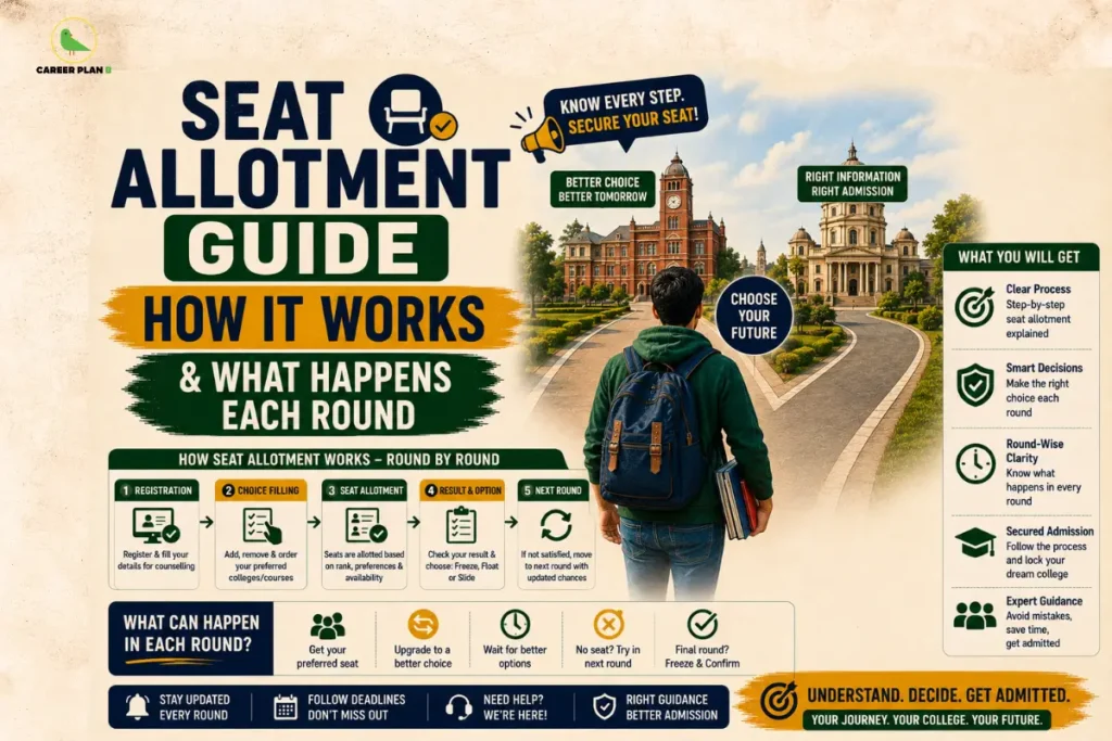 CUET Seat Allotment Process image titled "Seat Allotment Guide: How It Works and What Happens Each Round" showing round-wise counselling steps including registration, choice filling, seat allotment, Freeze, Upgrade, next round process, a student choosing between colleges, admission guidance, and counselling infographic.