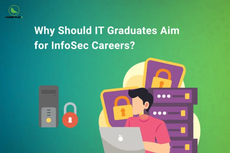 IT professional working on laptop with security padlocks and servers, Career Plan B infosec careers illustration.