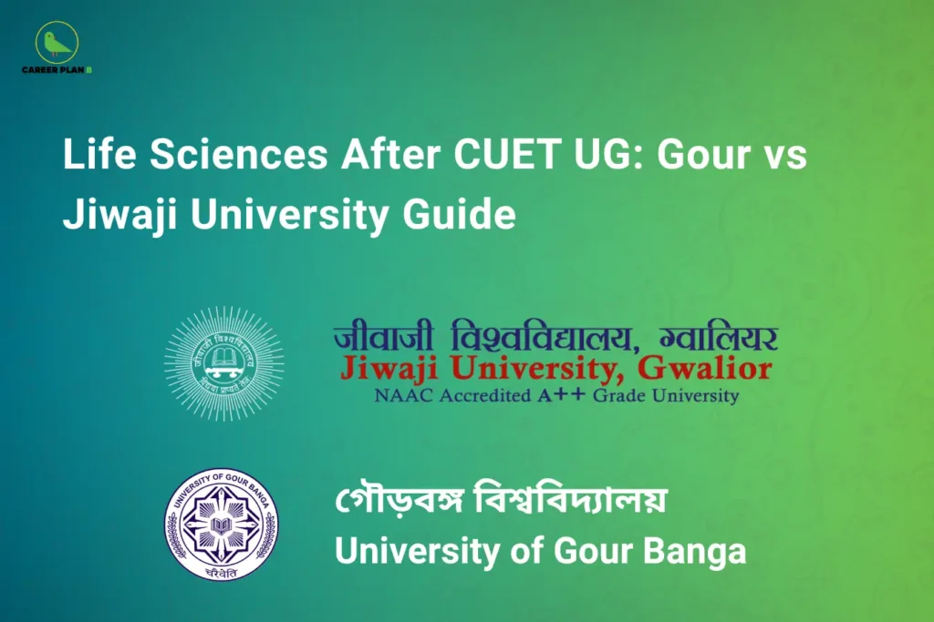 Career Plan B cover for Life Sciences after CUET UG, showing Jiwaji University and University of Gour Banga logos.