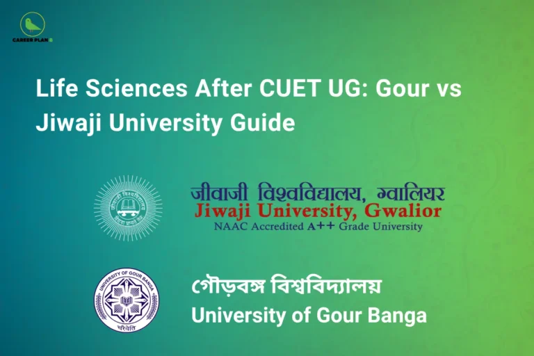 Career Plan B cover for Life Sciences after CUET UG, showing Jiwaji University and University of Gour Banga logos.