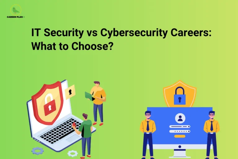 Illustrated professionals with security shields, laptop, and login screen comparing IT security versus cybersecurity careers, Career Plan B.
