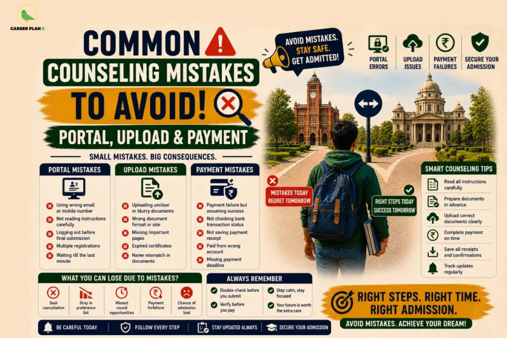 Common Counseling Mistakes – Common Counseling Mistakes to Avoid: Portal, Upload & Payment infographic showing counseling portal mistakes, document upload errors, payment failures, student choosing between universities, smart counseling tips, admission checklist, common admission errors, document verification, payment confirmation, and right steps for successful counseling.