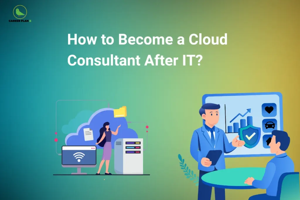 Illustration of cloud computing and a consultant presenting growth charts, Career Plan B guide to becoming a cloud consultant.