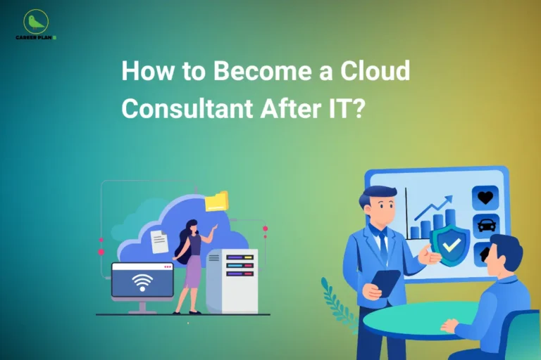 Illustration of cloud computing and a consultant presenting growth charts, Career Plan B guide to becoming a cloud consultant.