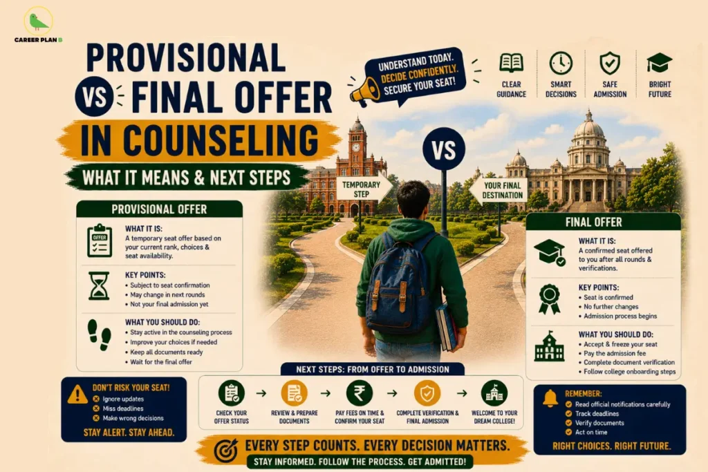 Provisional vs Final Offer in Counseling – Provisional vs Final Offer in Counseling: What It Means & Next Steps infographic comparing provisional and final seat offers, temporary vs confirmed admission, counseling process, document verification, seat acceptance, admission fee payment, next steps from offer to admission, student choosing between two universities, and counseling reminders for successful college admission.