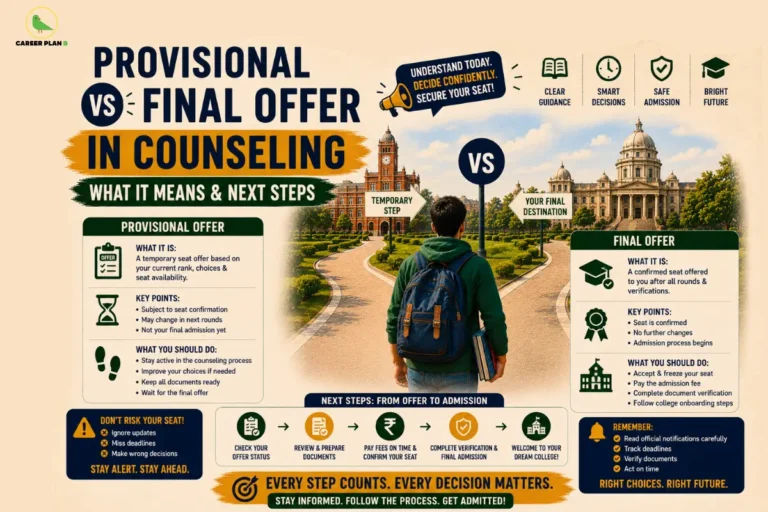 Provisional vs Final Offer in Counseling – Provisional vs Final Offer in Counseling: What It Means & Next Steps infographic comparing provisional and final seat offers, temporary vs confirmed admission, counseling process, document verification, seat acceptance, admission fee payment, next steps from offer to admission, student choosing between two universities, and counseling reminders for successful college admission.